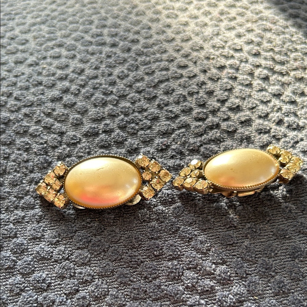 Gold-Tone Oval Cabochon Brooch Pair with Crystal Accents